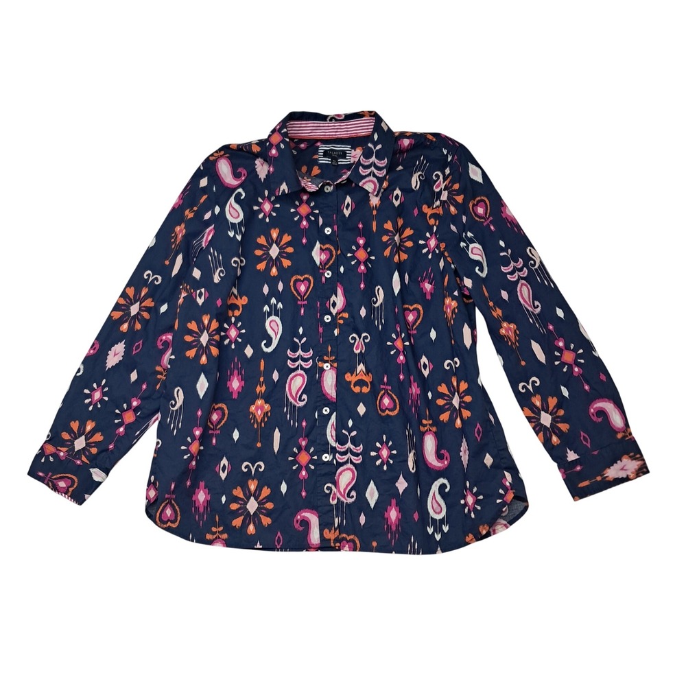 Talbots Button Down Shirt Womens XL Petite Navy Pink Ikat Paisley Long Sleeve